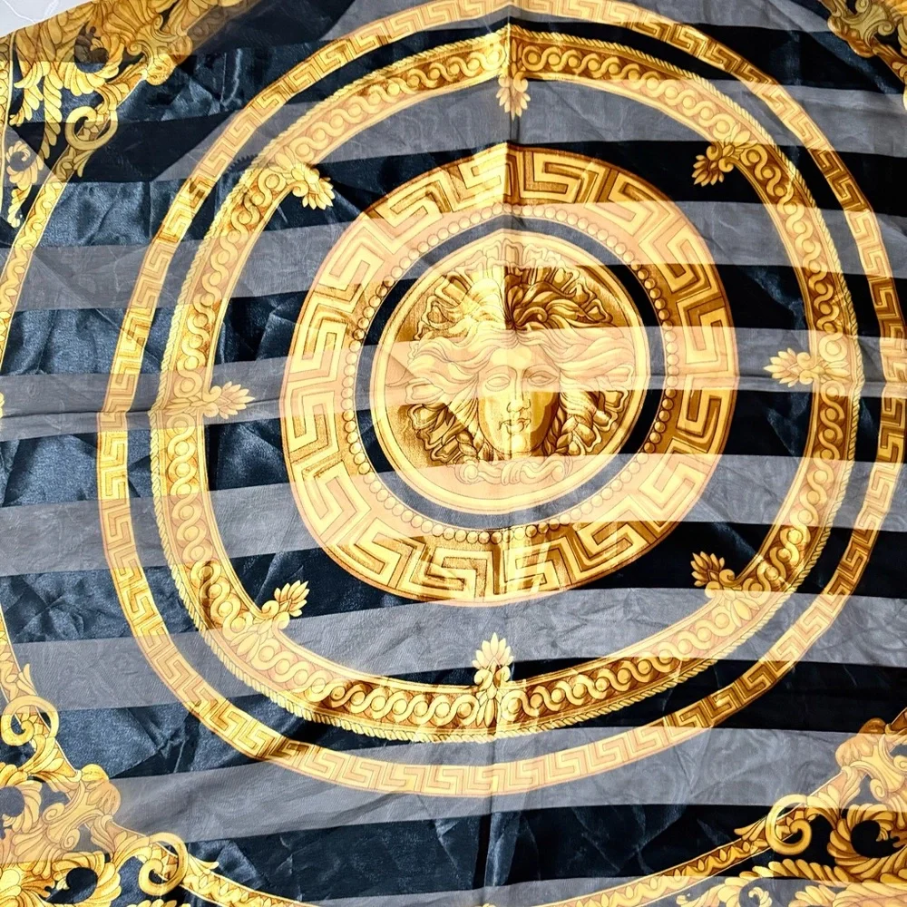 Luxurious Black and Gold Medallion Silk-Feel Scarf
